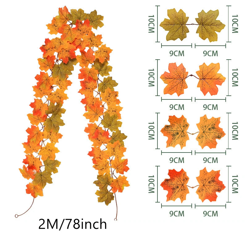 200CM Autumn Artificial Maple Leaf Wreath Fake Leaf Plant Vine Home Decor Garden Halloween Wall Outdoor Doors Windows Decoration